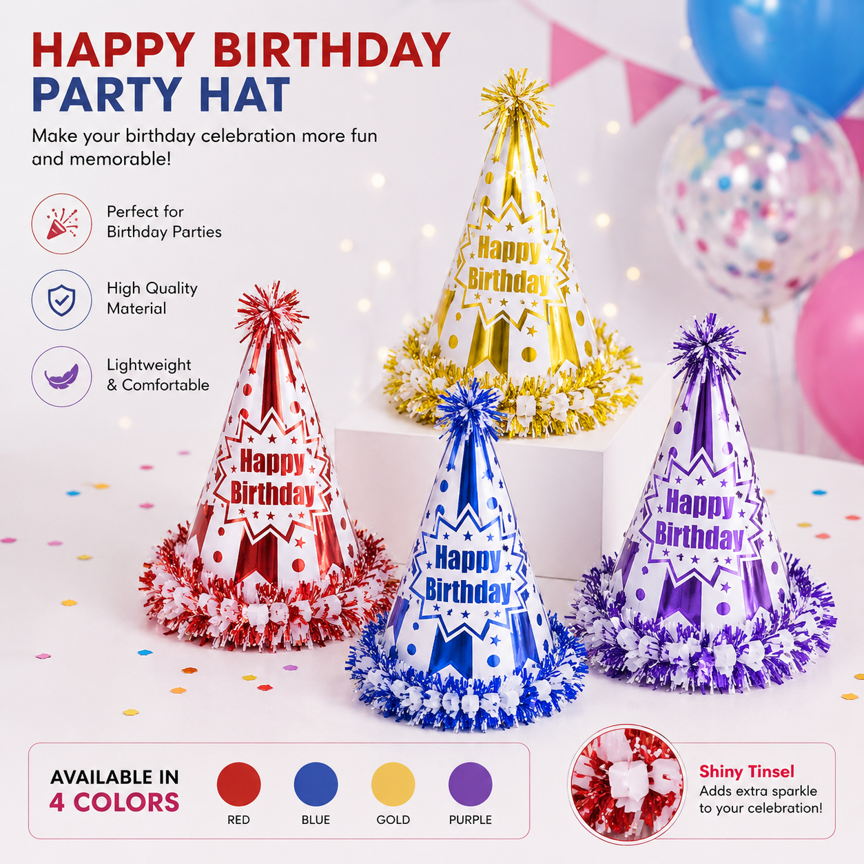 Tinsel Fringe Happy Birthday Party Hat Cap with Circus Stripe Cone Design for Kids Birthday Celebration — view 1