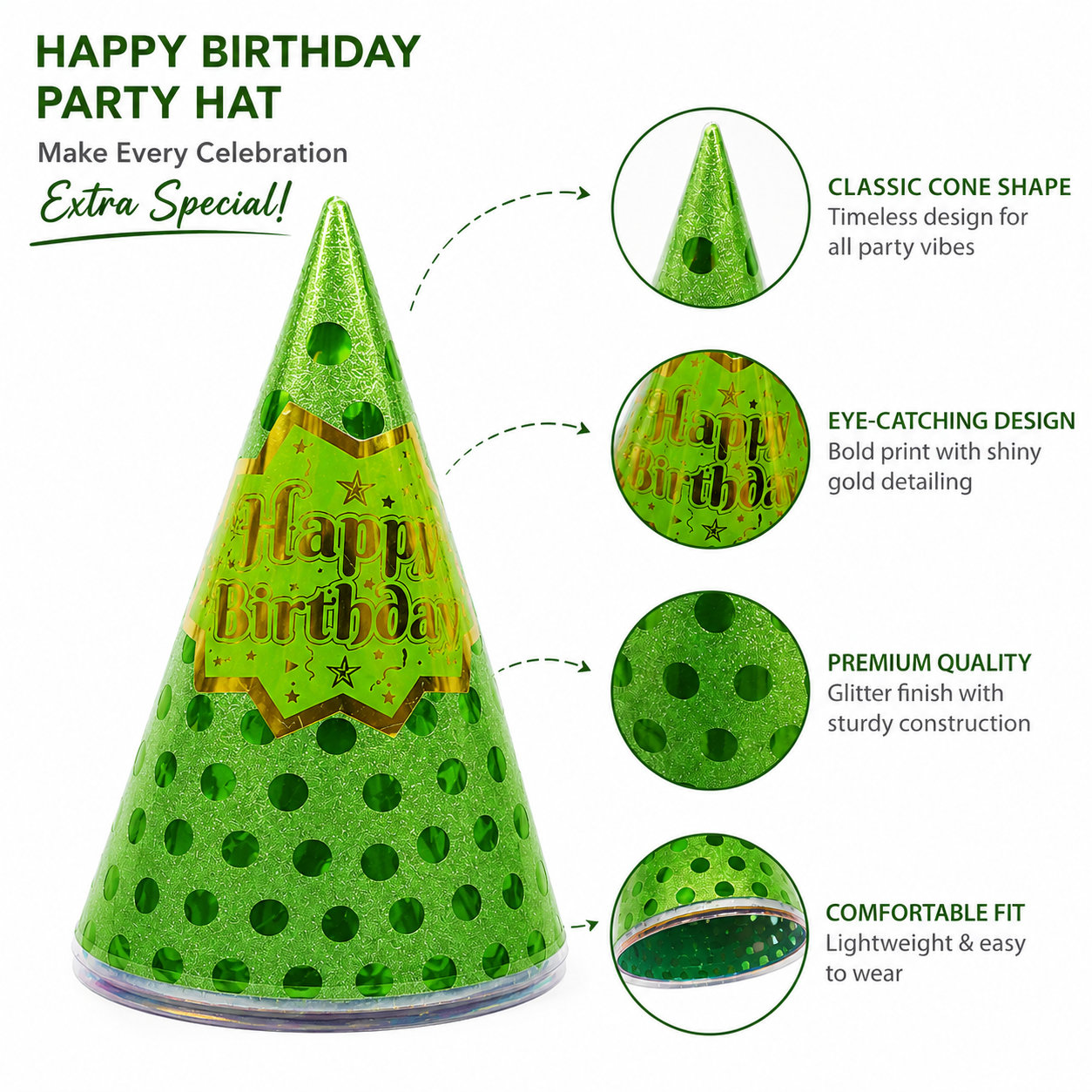 Metallic Glitter Birthday Cone Caps with Polka Dots for Kids & Adults with Elastic Strap – Available in 5 Color Variants
